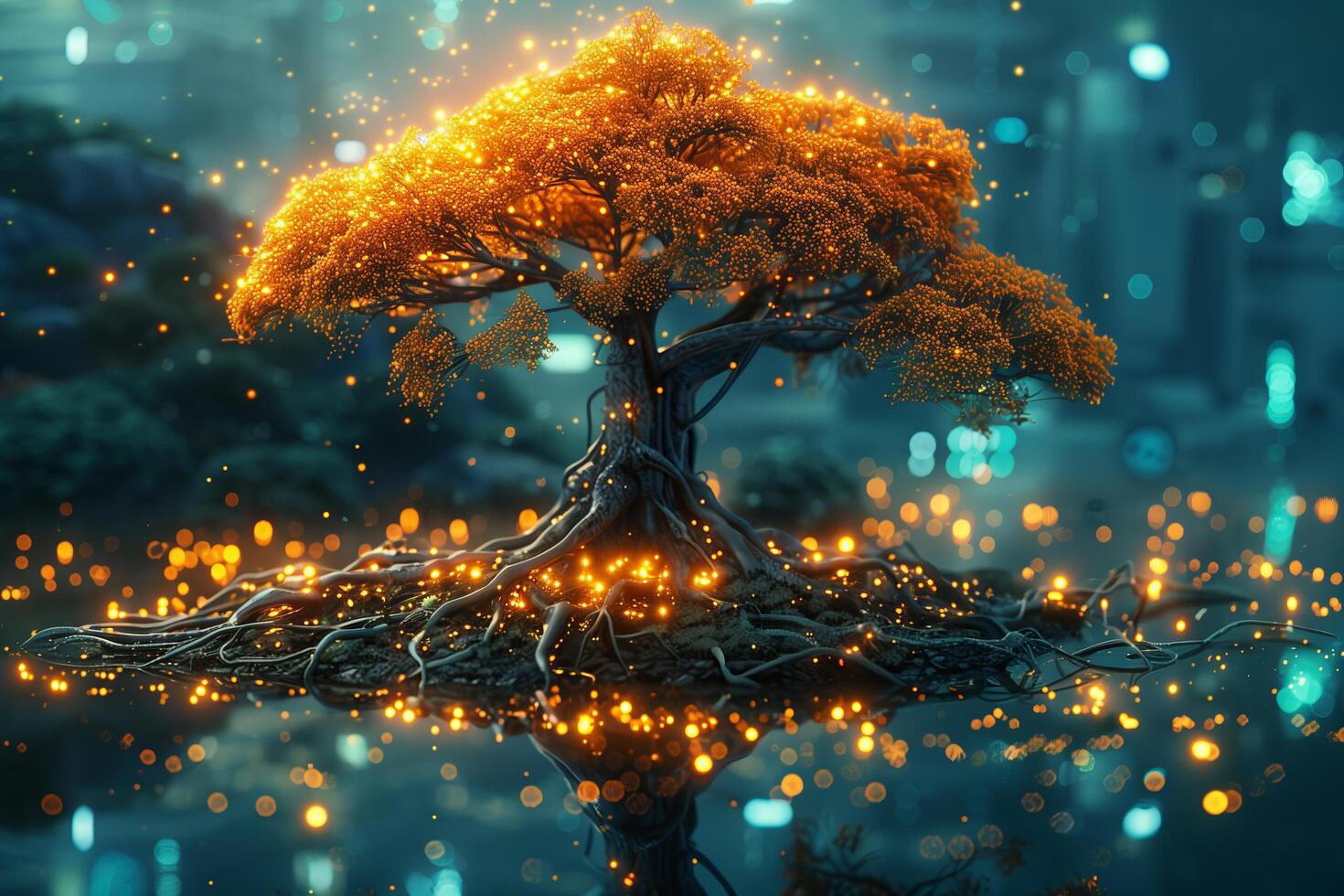 An orange tree with glowing lights on it photo