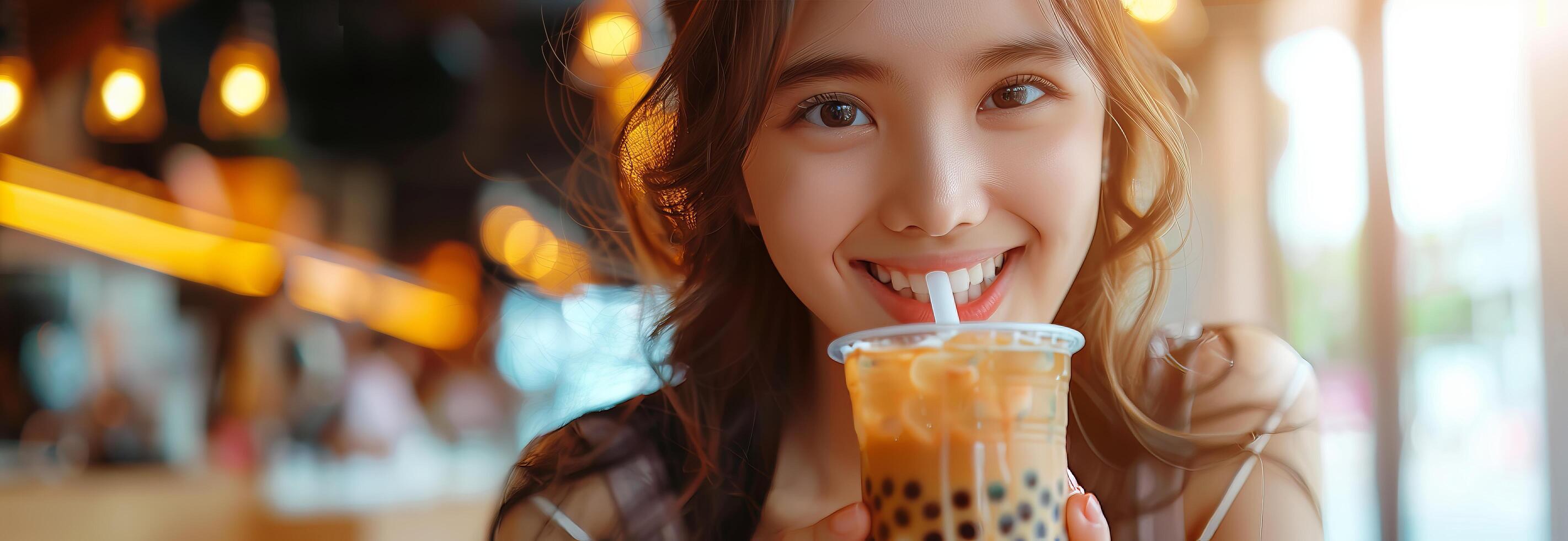 A woman smiles while holding a cup of bubble tea photo
