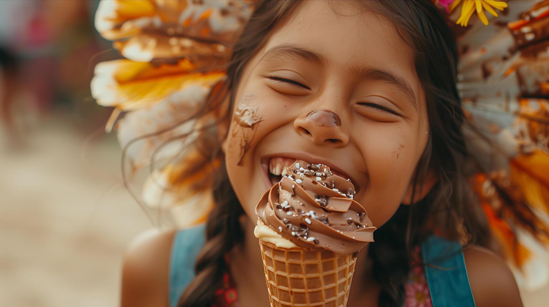 A young girl with a headdress eating an ice cream cone photo