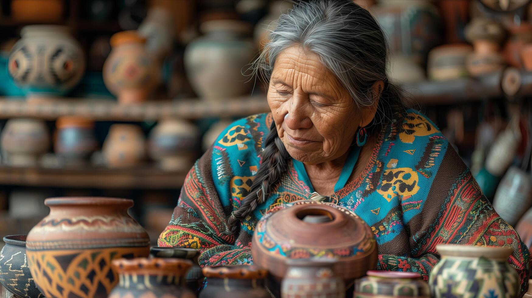 An older woman is sitting at a table with many pots photo