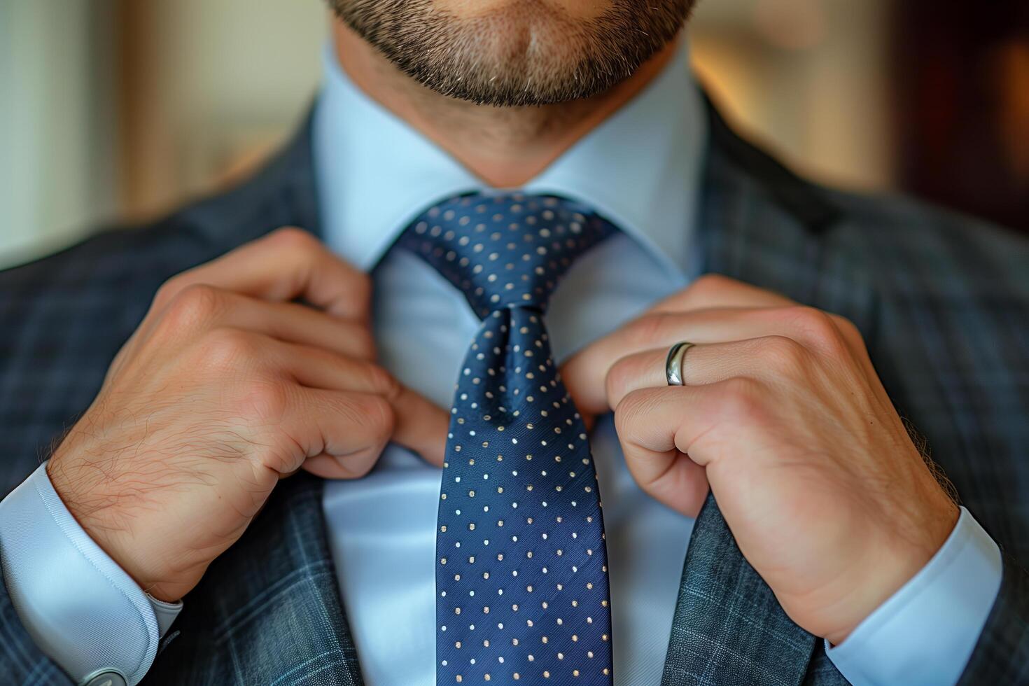 A man in a suit and tie adjusting his tie photo