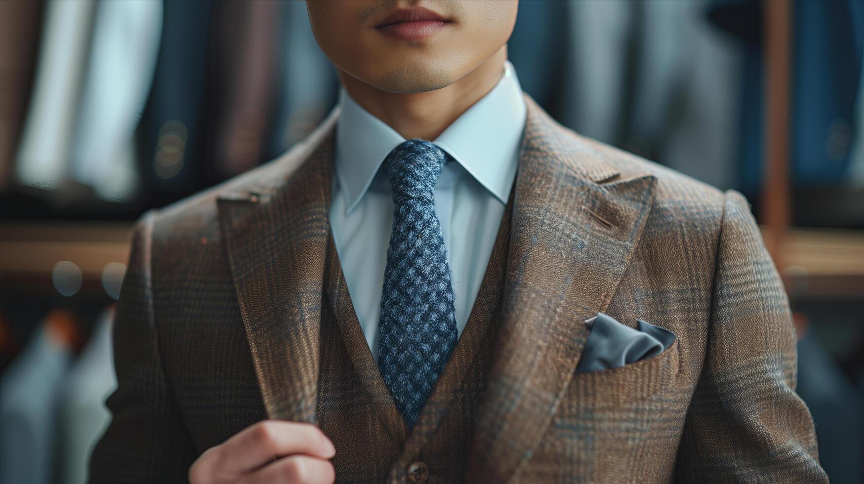 A man in a suit and tie standing in front of a rack of clothes photo