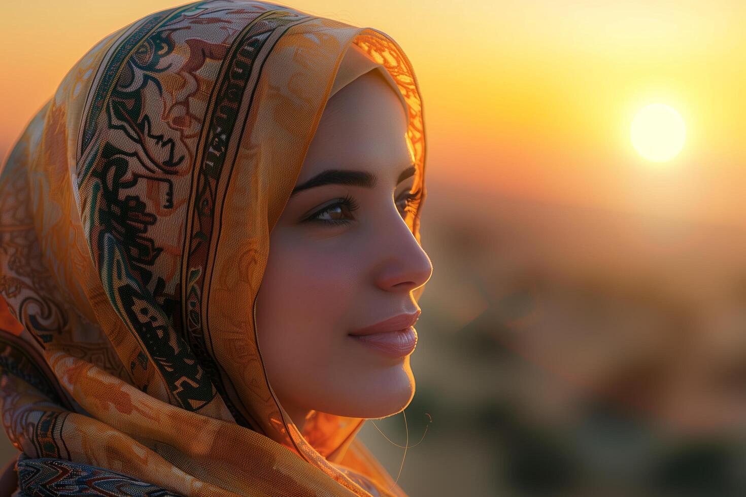 A woman wearing a headscarf looks out to the horizon photo