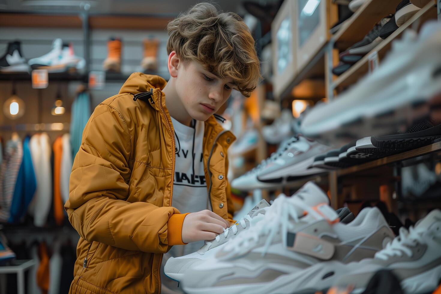 A boy in a store looking at sneakers photo