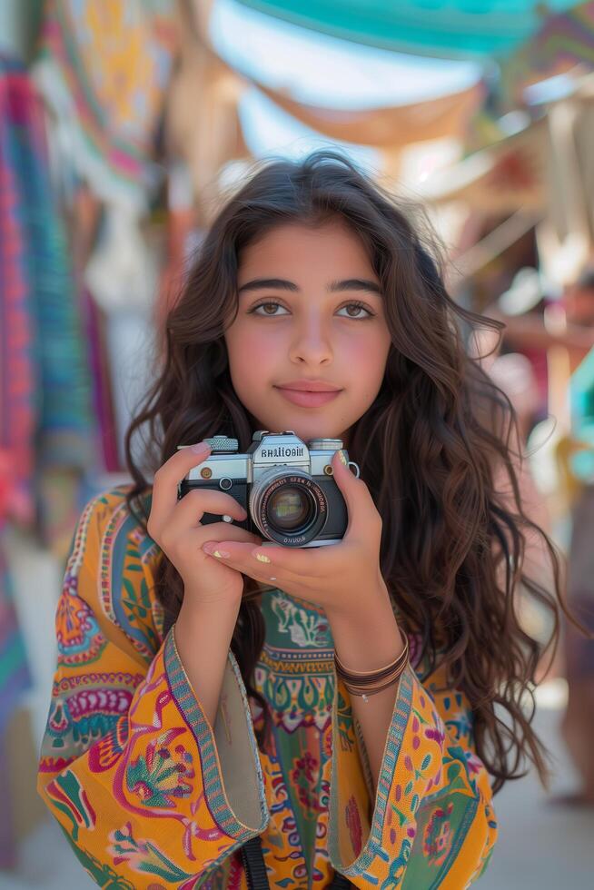 A girl holding a camera photo