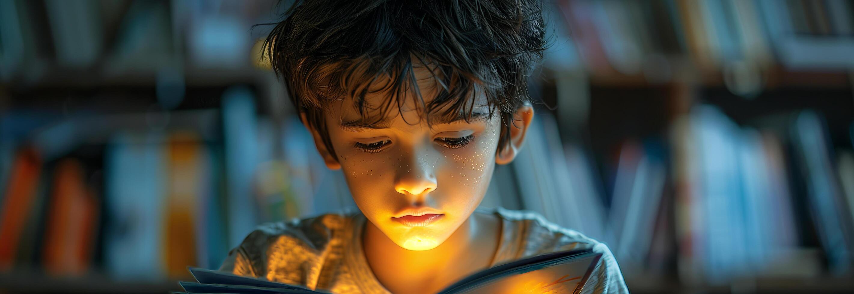 A young boy is reading a book with a light on photo