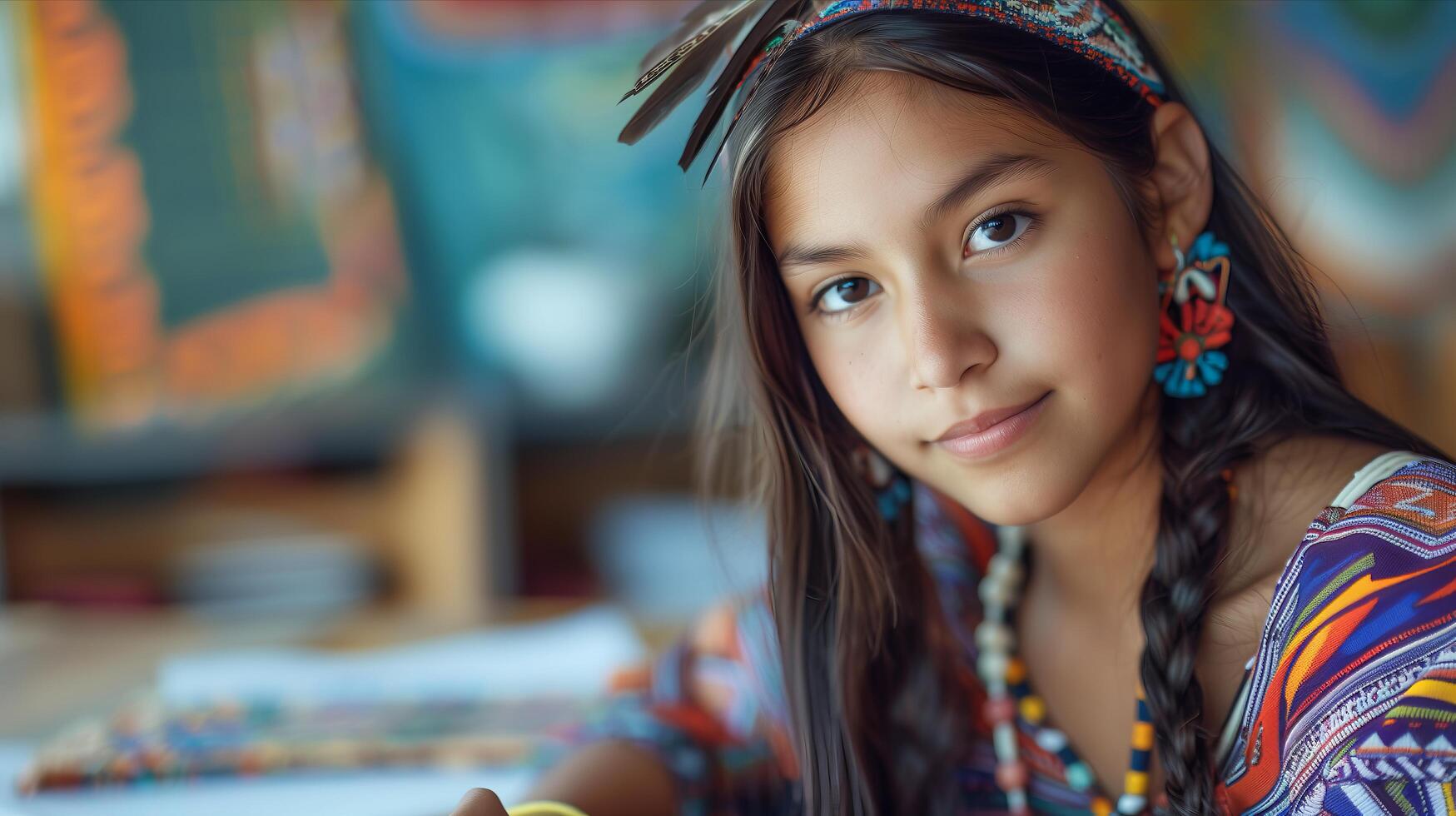 A young girl wearing a headband and a colorful dress photo