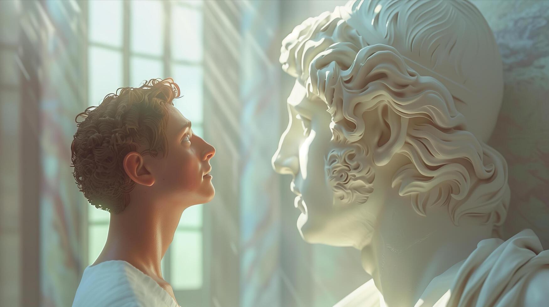 A young man looks at a statue of a man photo