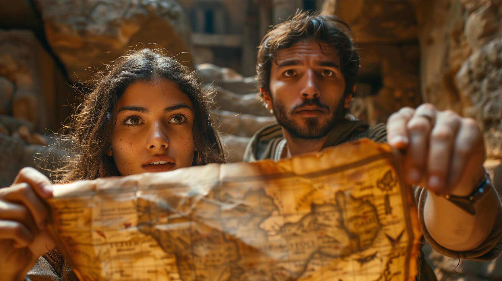 A man and woman looking at a map in a cave photo