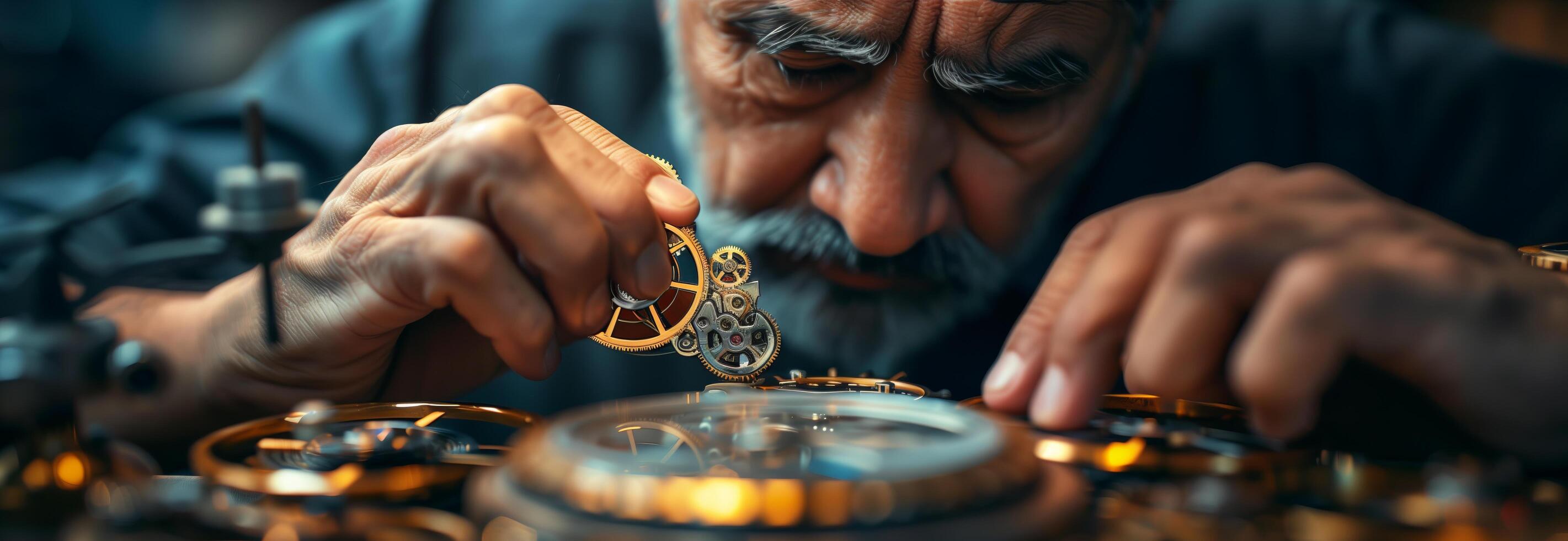 A man is working on a watch with a gold chain photo