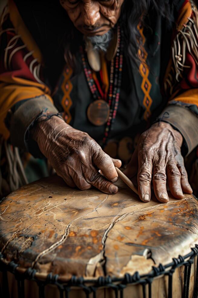 An old man playing a drum with his hands photo