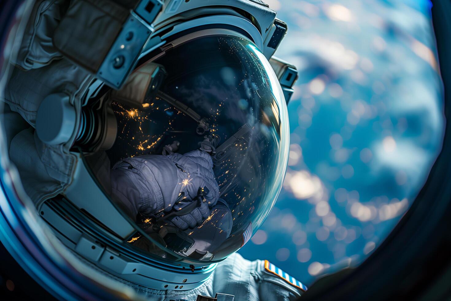 An astronaut in space looking out the window photo