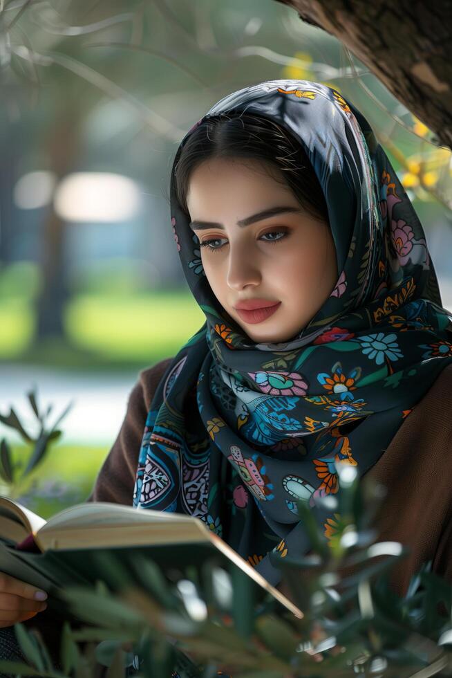 A woman wearing a headscarf is reading a book photo