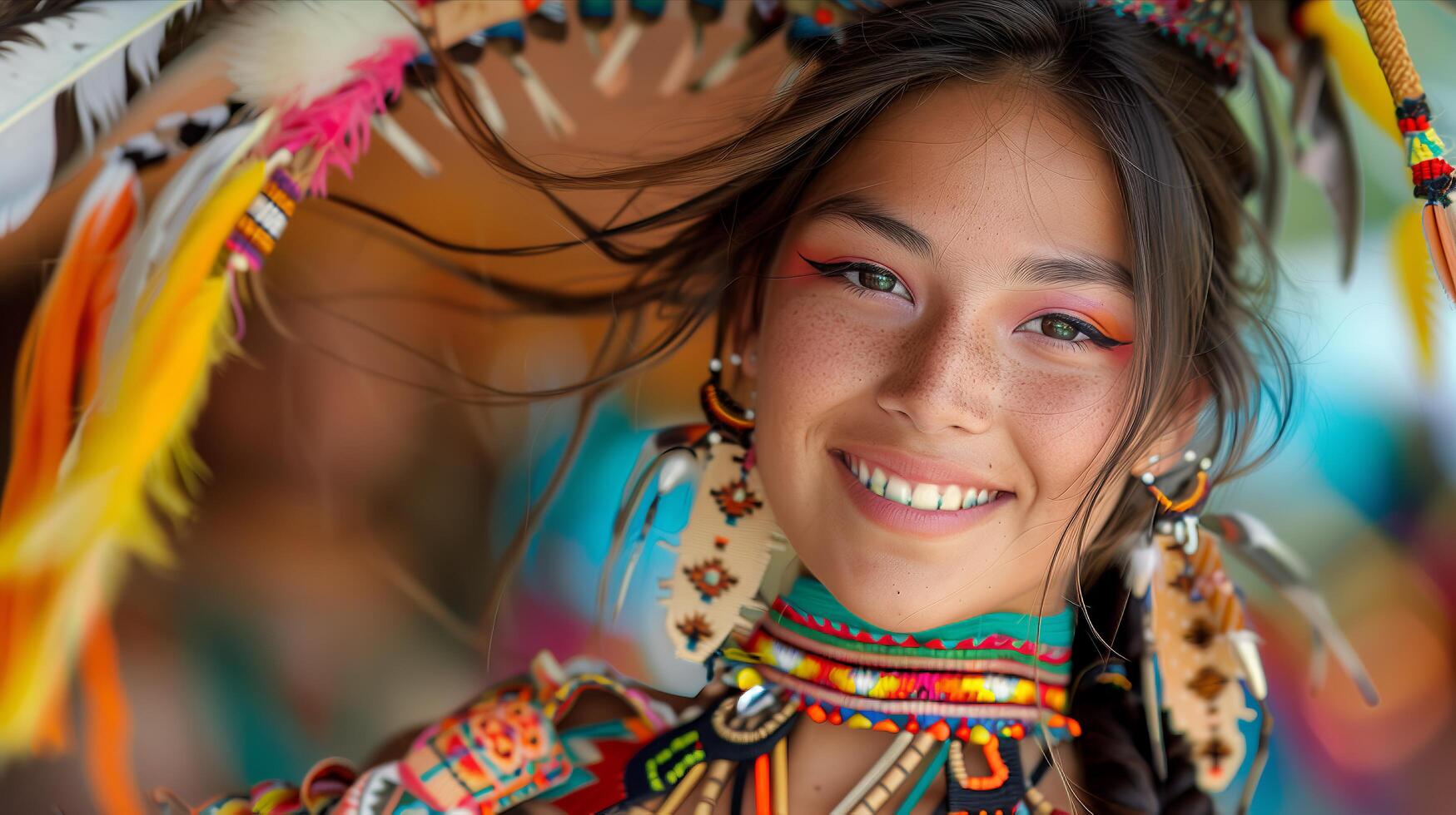 A woman in native attire smiling and wearing feathers photo