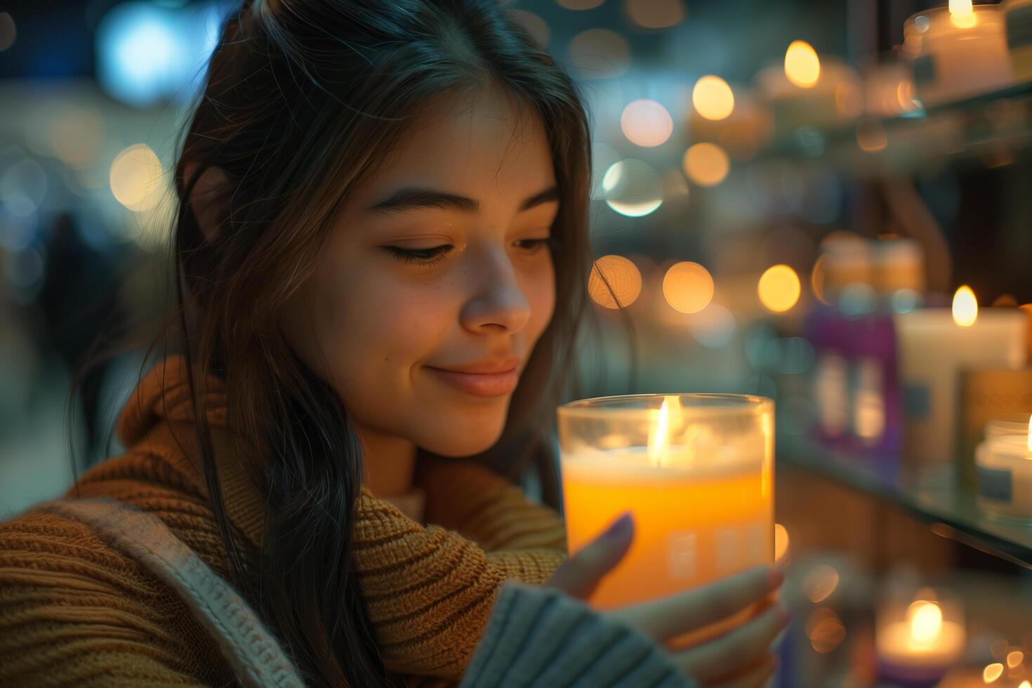 A woman holding a candle in front of a store photo