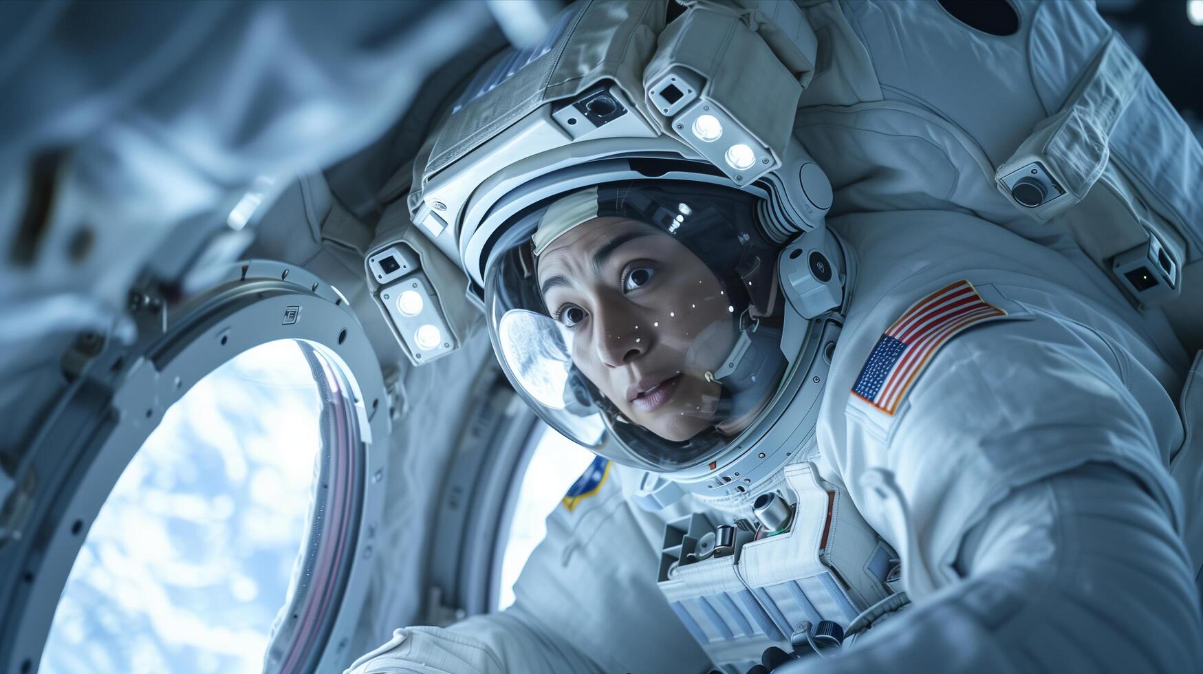 An astronaut is looking out of a window photo
