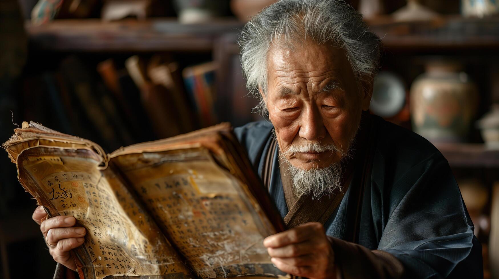 An old man reading an old book photo