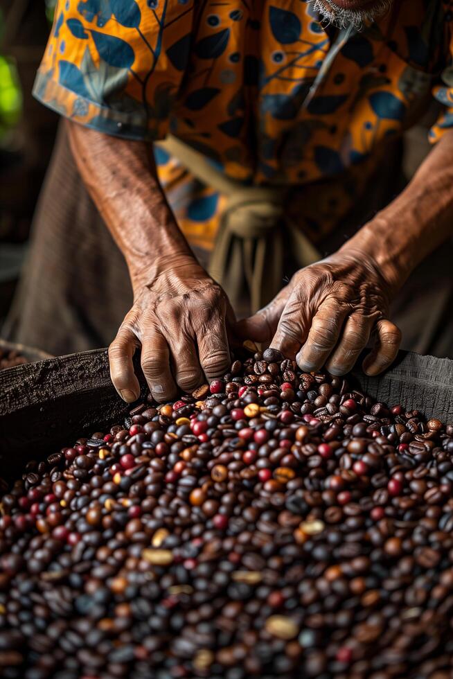 A man is sorting coffee beans photo