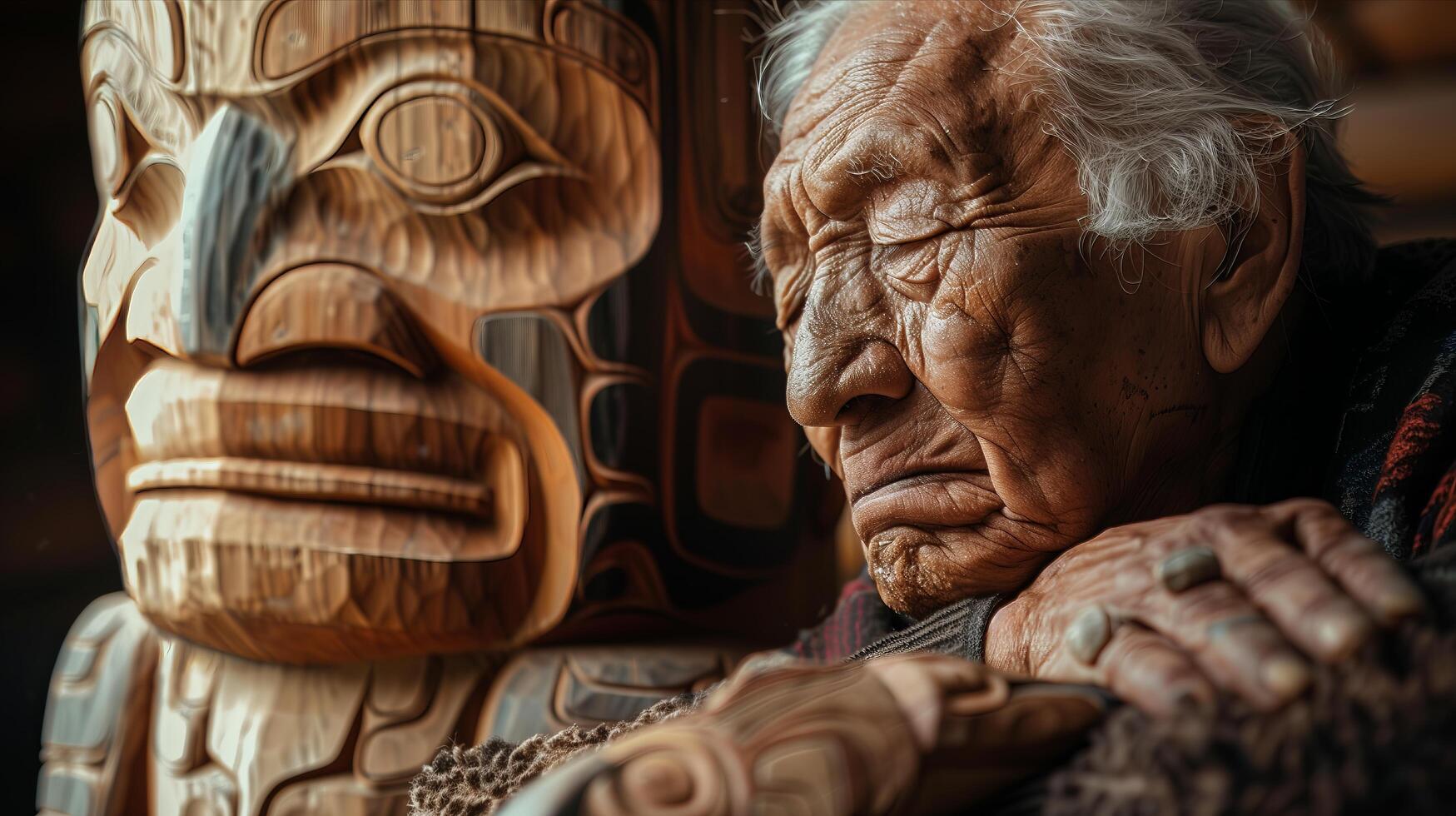 An elderly man is sitting next to a totem pole photo