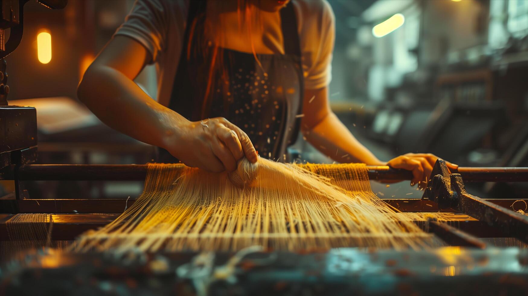 A woman is working on a machine that is making pasta photo