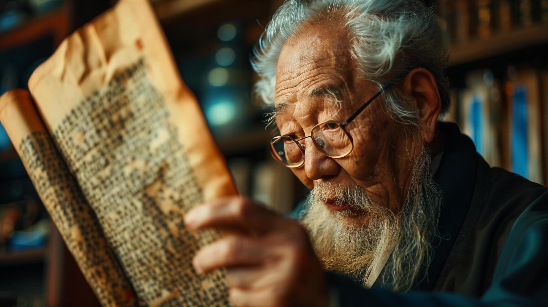 An old man reading a book in a library photo