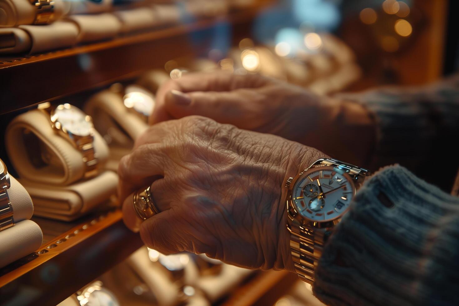 An elderly man is looking at watches in a store photo