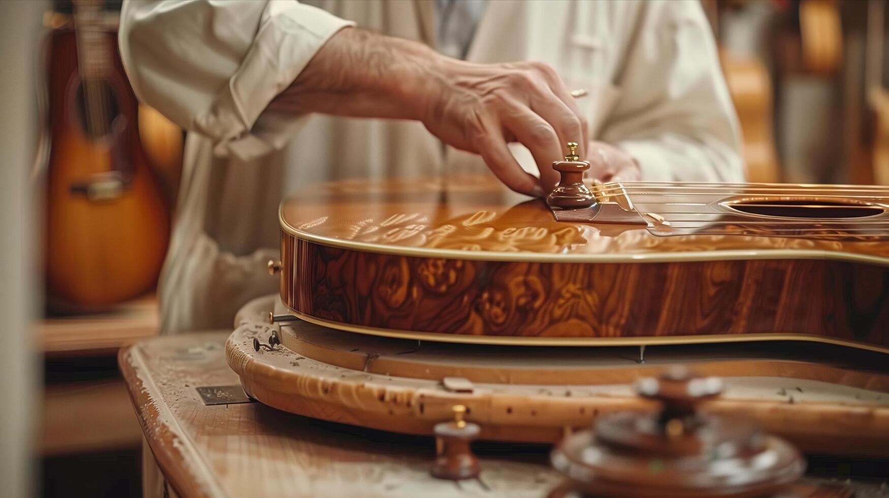A man is working on a guitar in a workshop photo