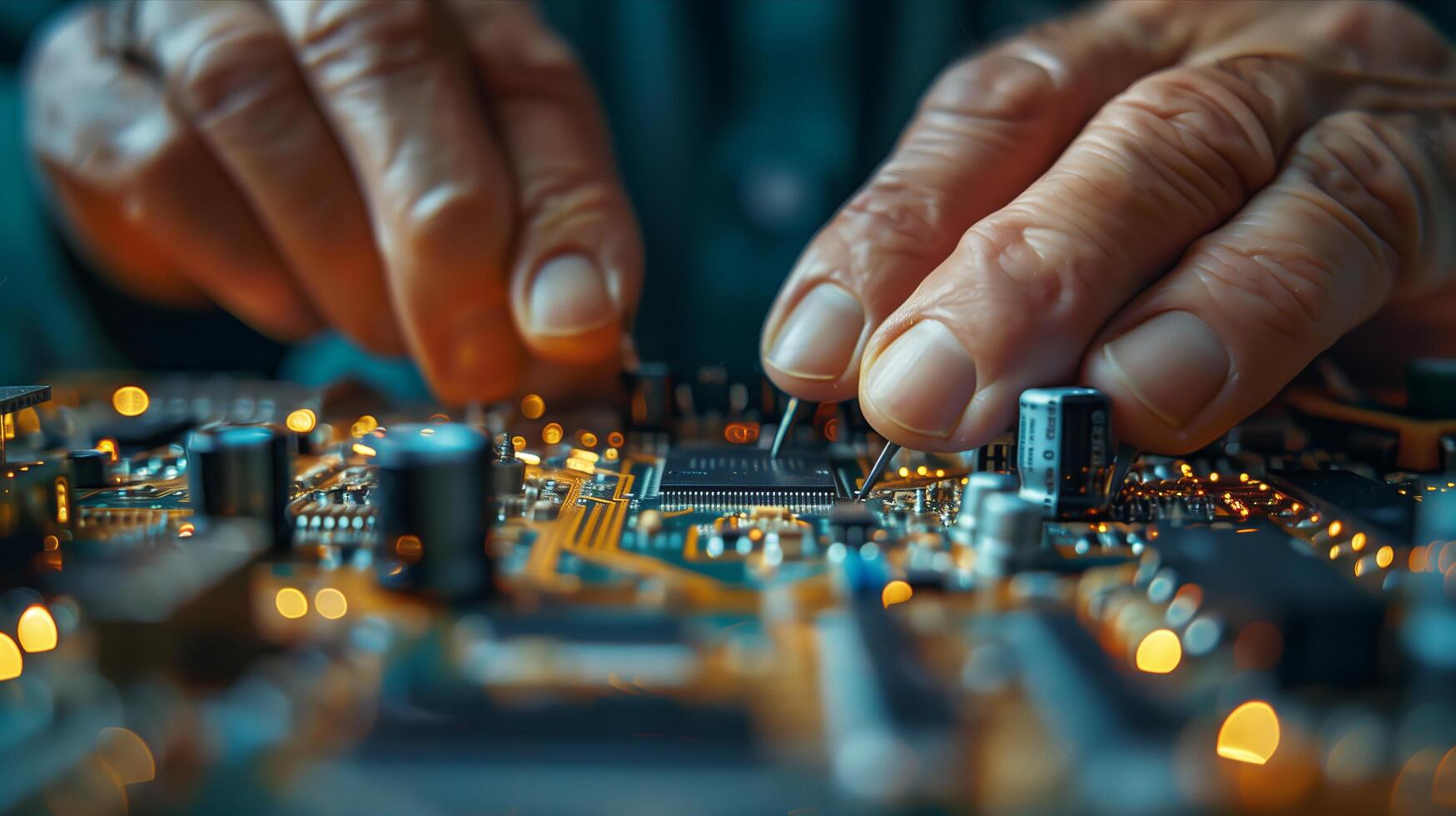 Hands of an old man working on a circuit board photo