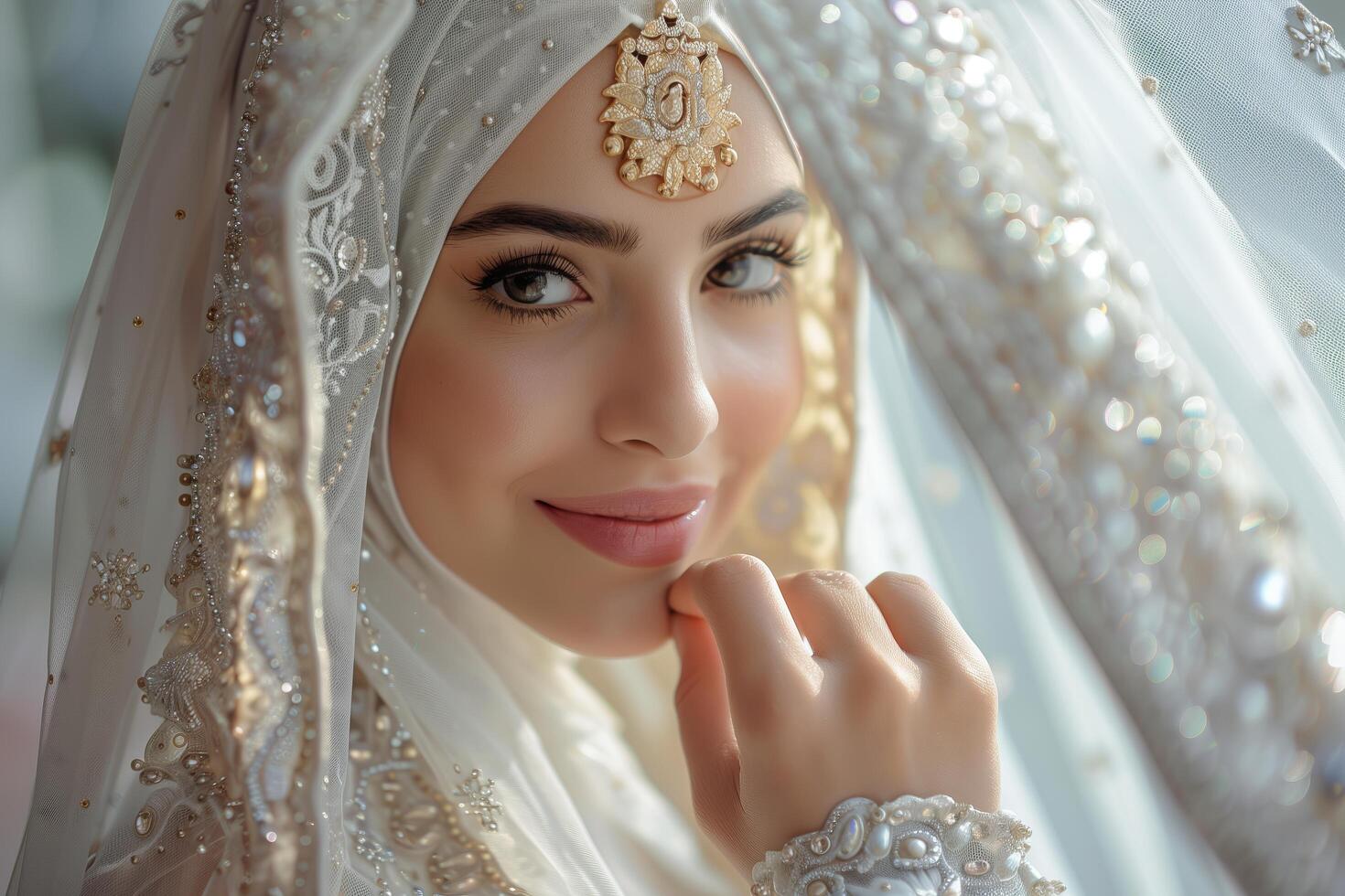 A beautiful woman in a white wedding dress photo