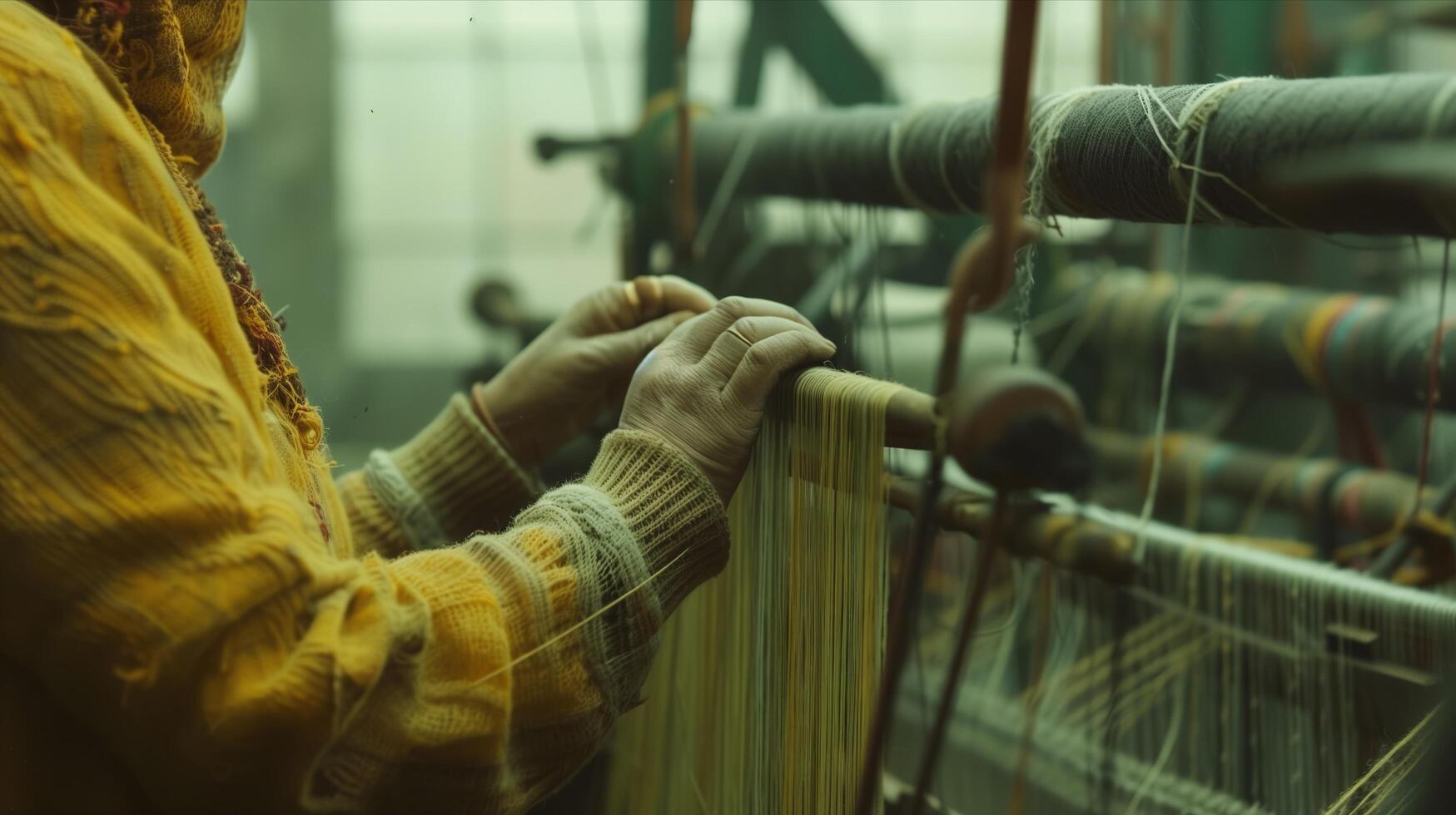A woman is working on a weaving machine photo