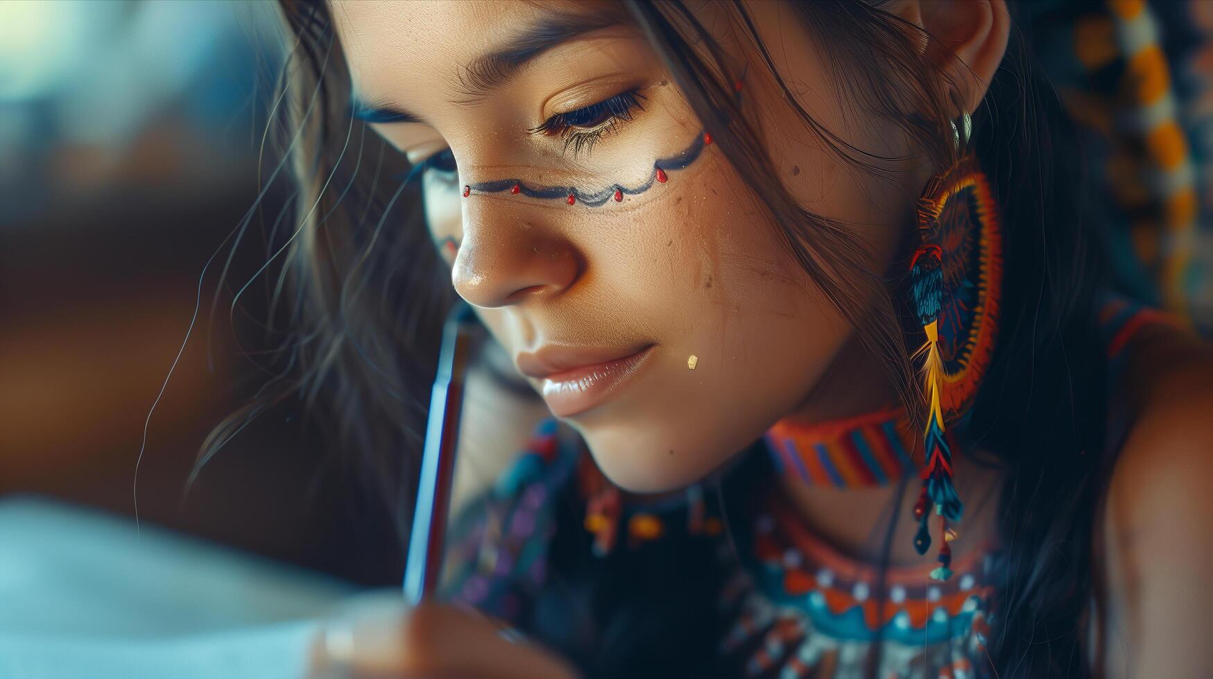 A woman with a native american headdress and makeup photo