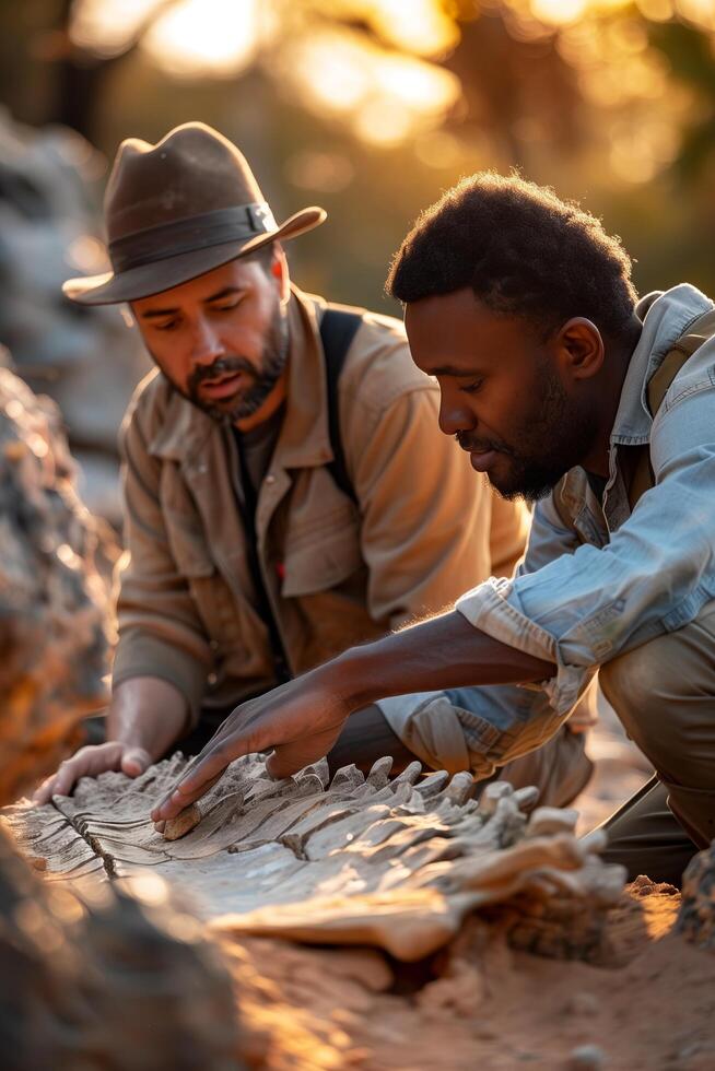 Two men in hats looking at a fossilized animal photo