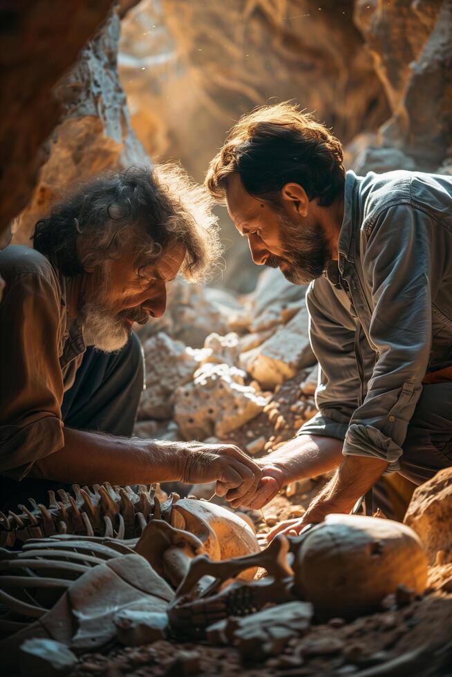 Two men are working on a skeleton in a cave photo