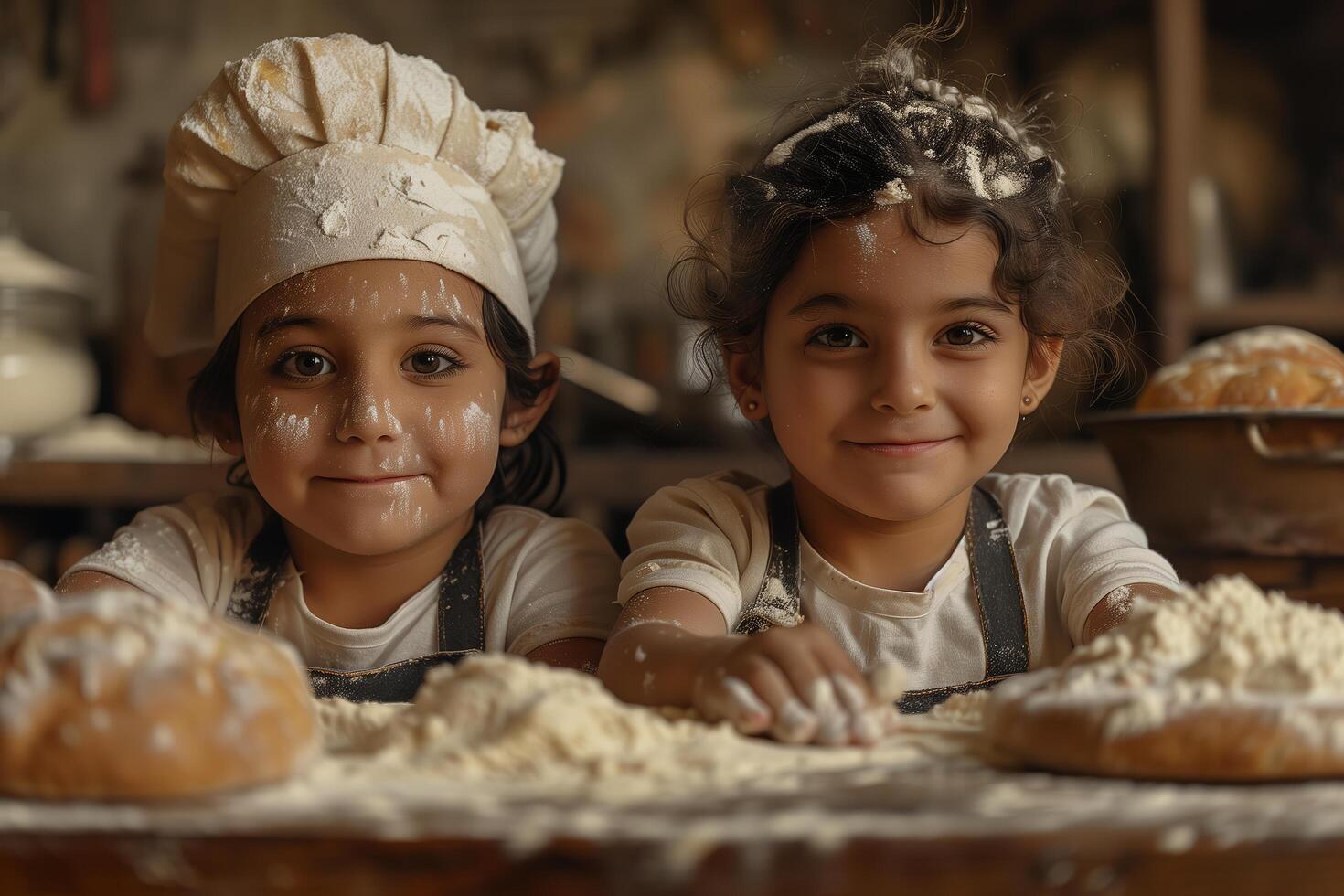 Two young girls in chef hats are smiling while making bread photo