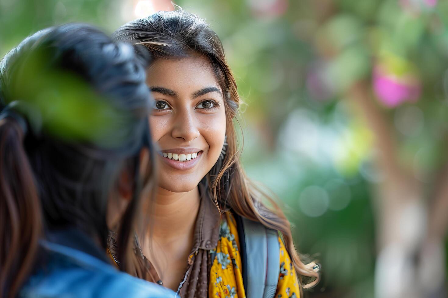 A young woman smiles at another woman photo
