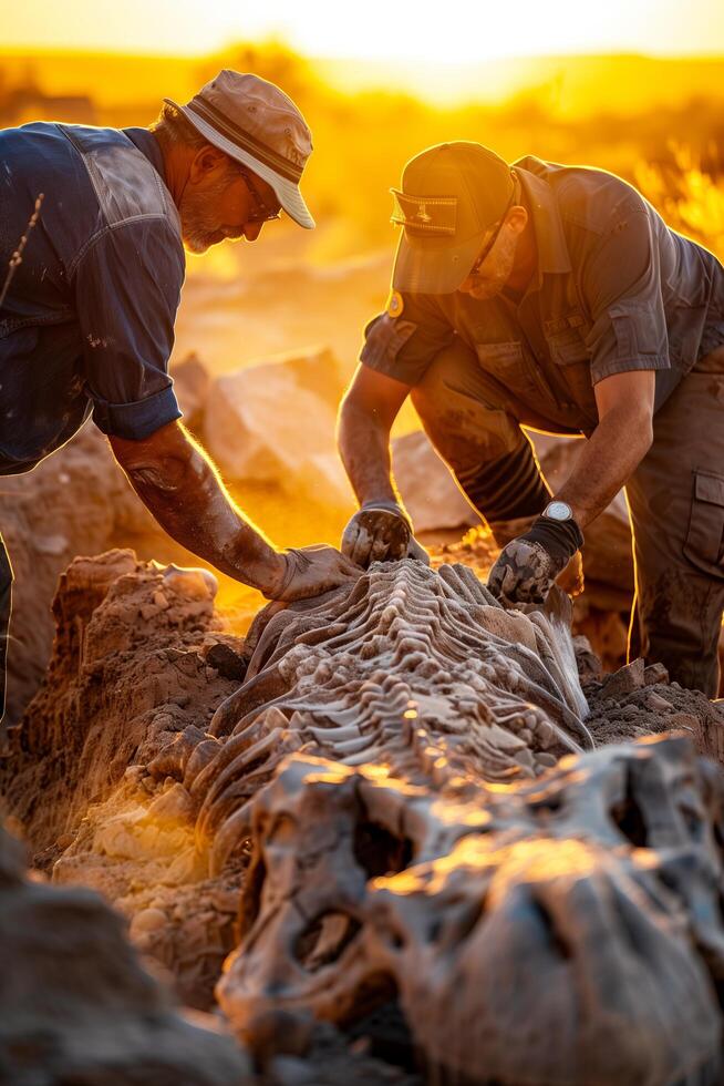 Two men working on a dead animal in the desert photo