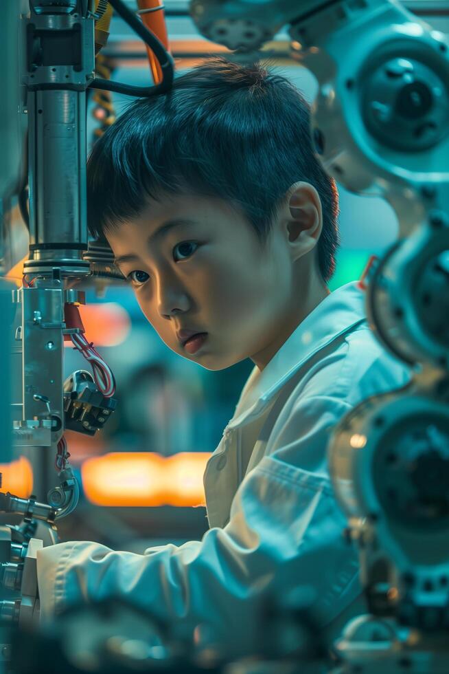 A young boy working on a machine in a factory photo