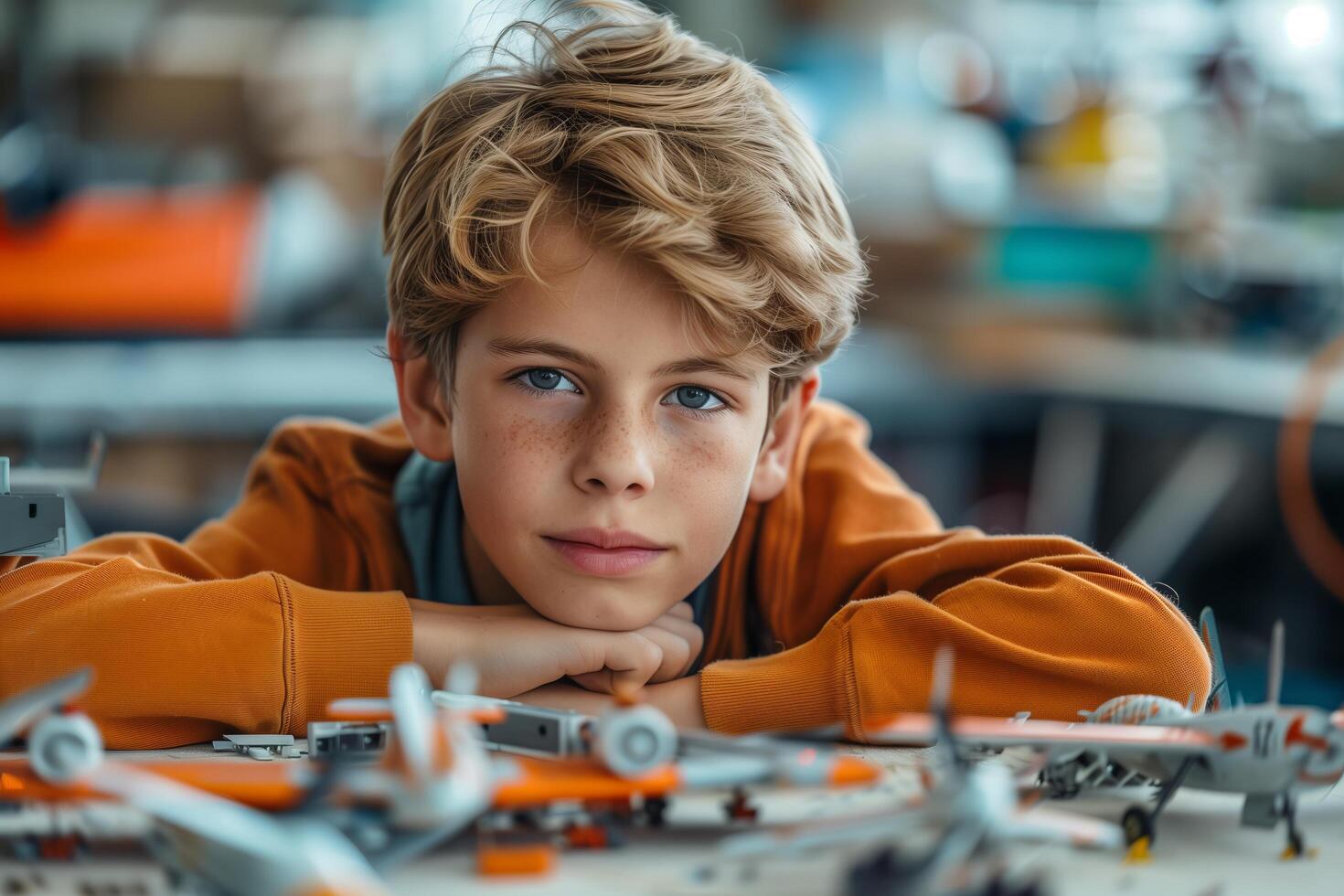 A young boy is sitting in front of a table with toy planes photo