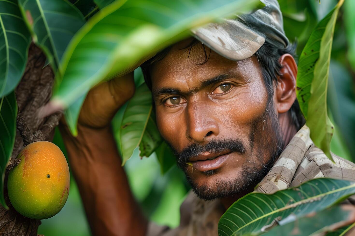A man in a hat is looking at a mango tree photo