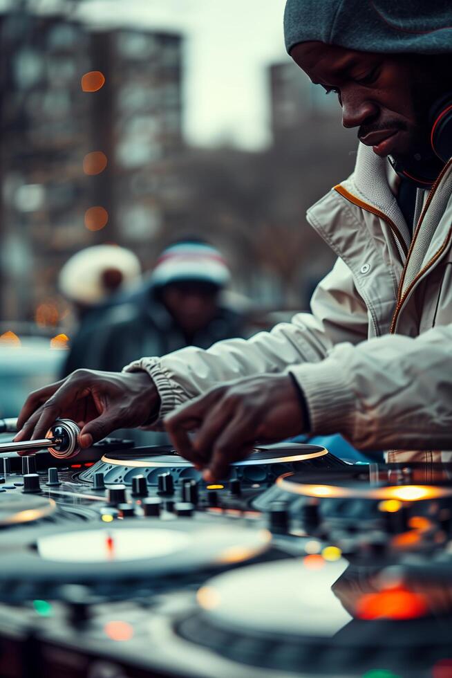 A man in a hoodie is playing a dj photo