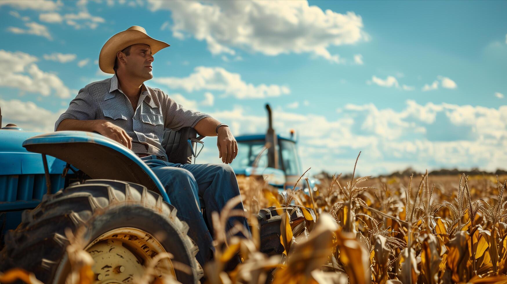 A man in a cowboy hat sitting on a tractor in a corn field photo