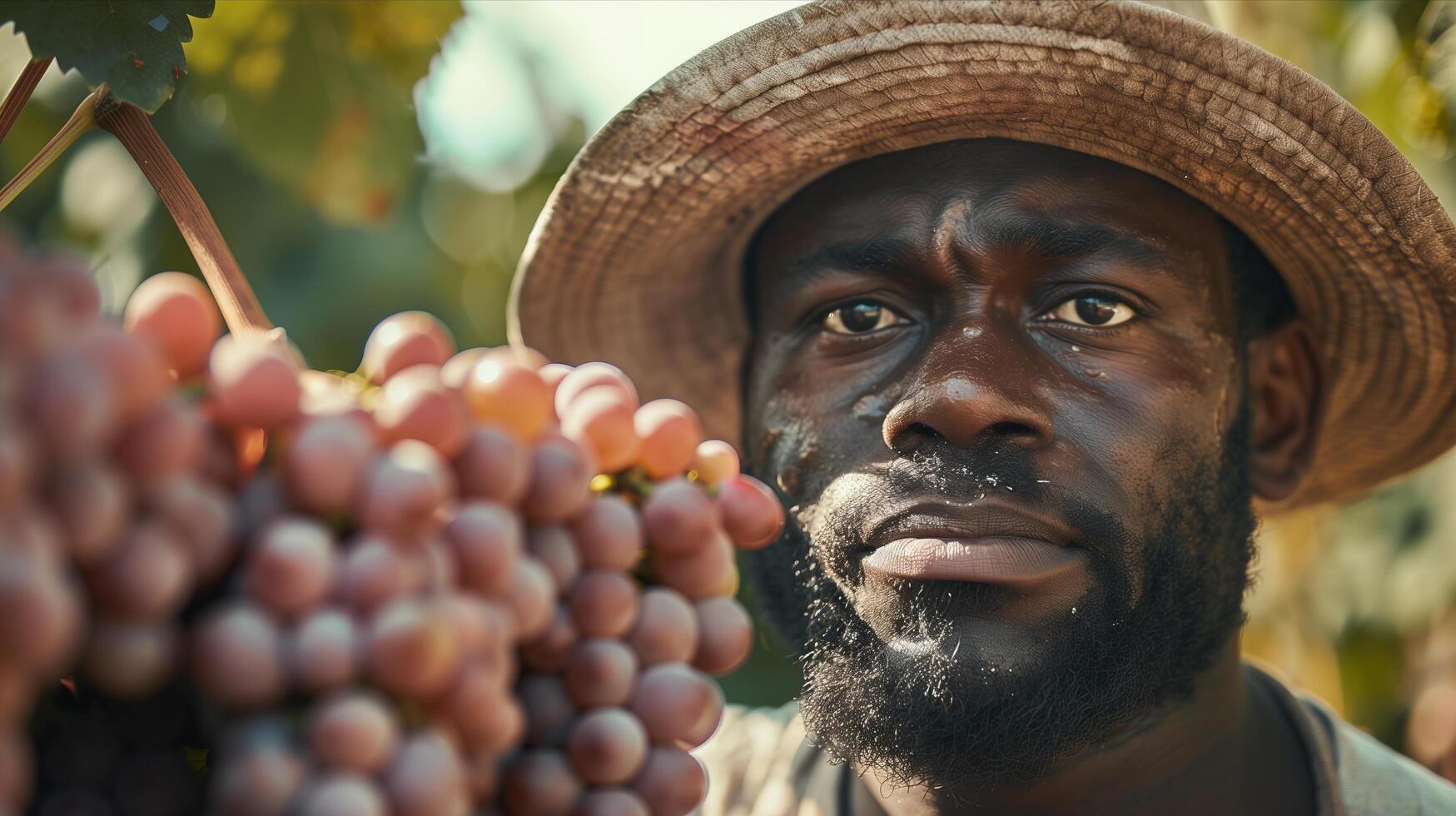 A man with a hat and a beard is standing in front of a bunch of grapes photo