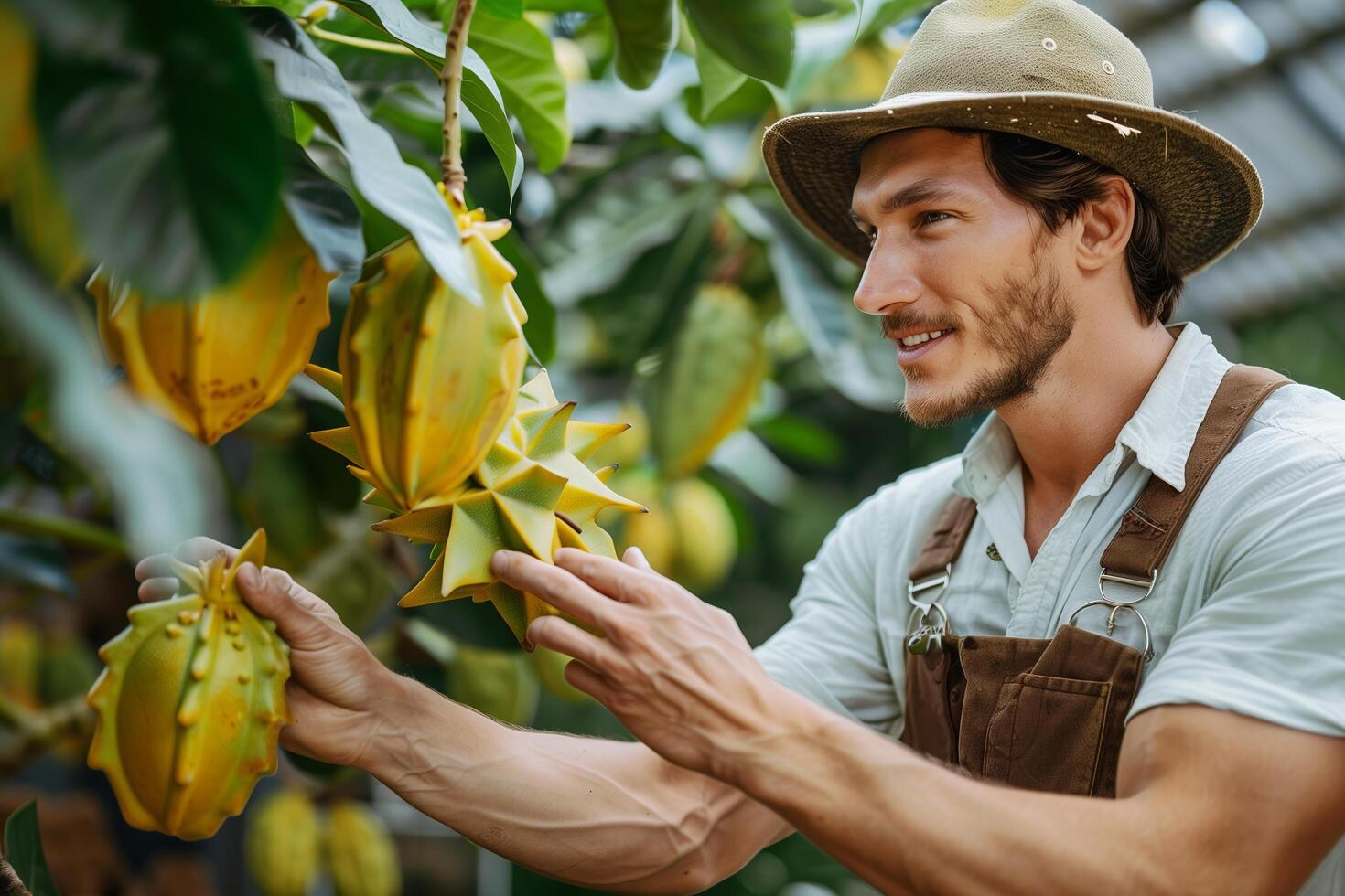A man in a hat and overalls is picking a ripe banana photo