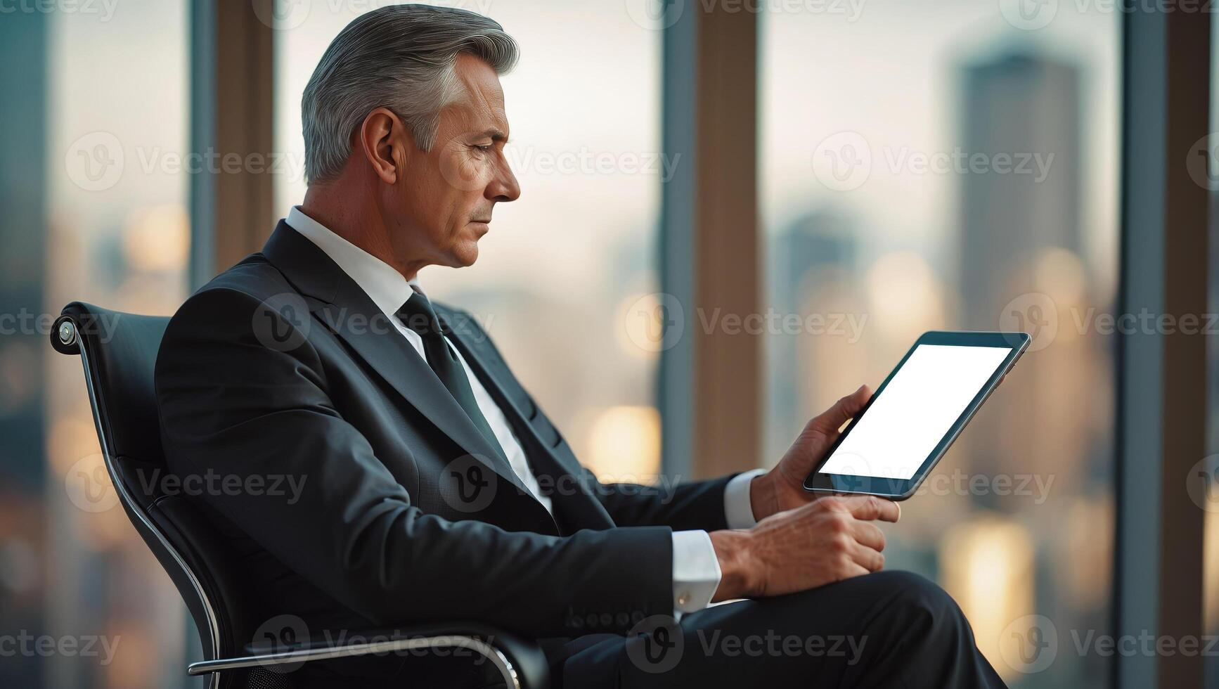 Business professional reviews digital content while seated in a high-rise office overlooking a city skyline during sunset photo