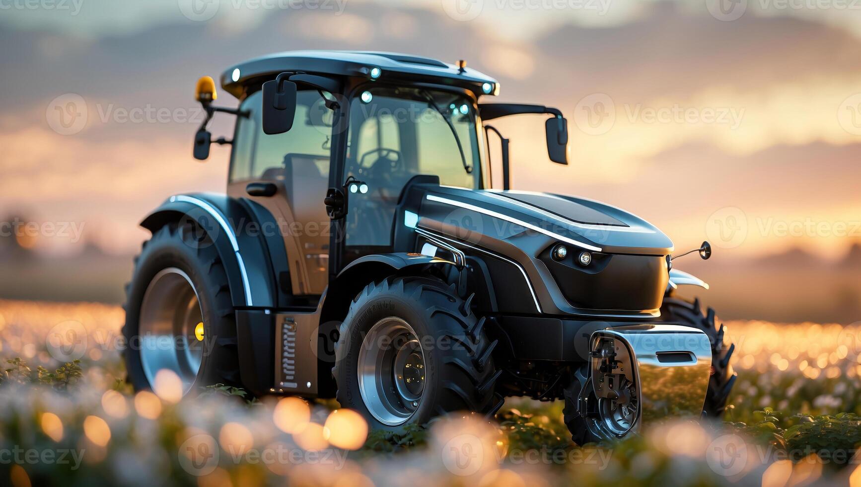 Modern tractor working in a cotton field during sunset with vibrant sky colors and soft lighting photo