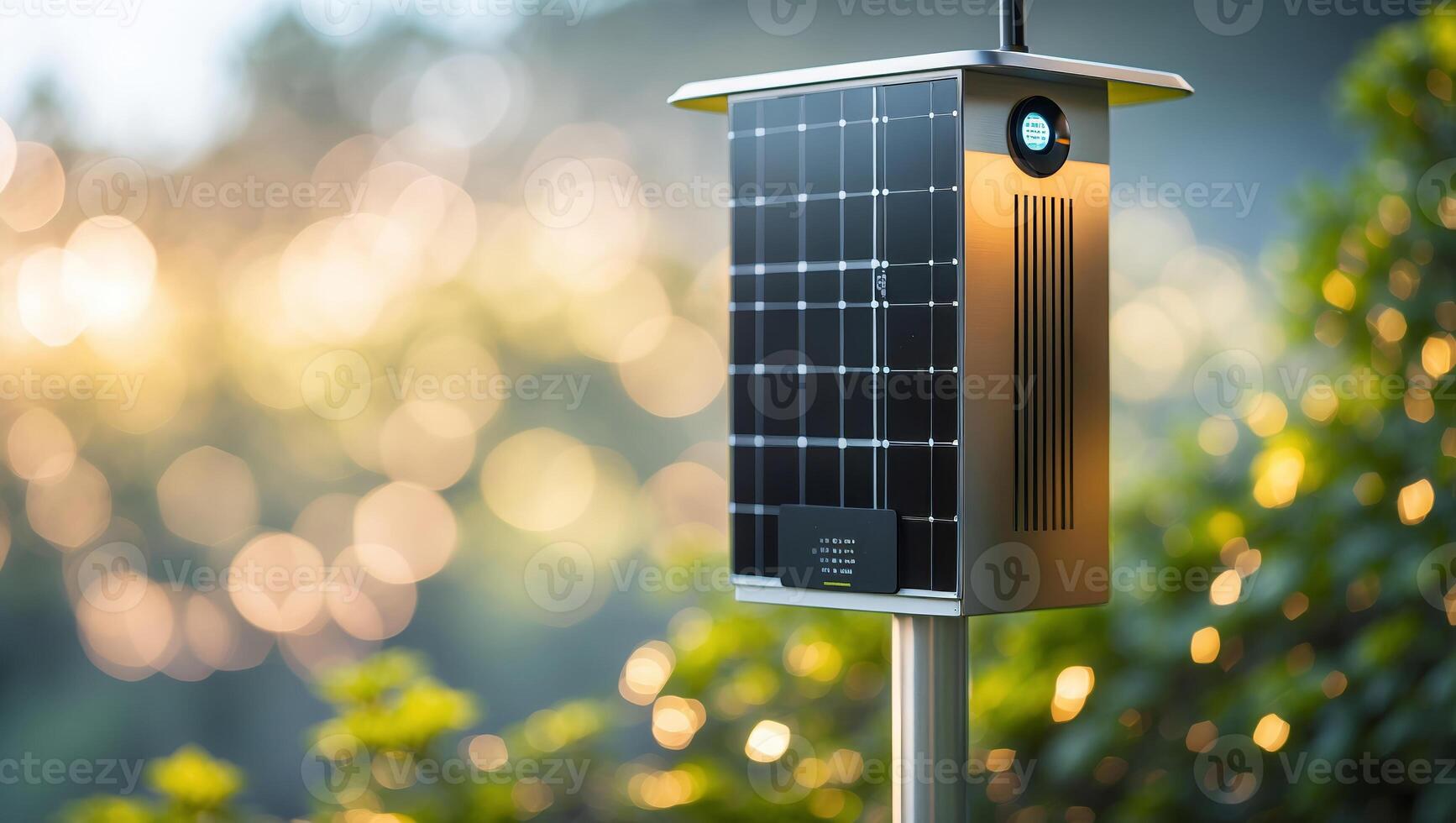 Solar panel installed in a serene outdoor garden during golden hour light capturing renewable energy photo
