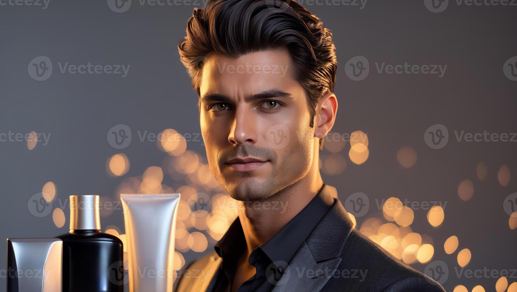 Confident man showcasing hair care products against a blurred bokeh background of golden lights at a stylish salon event photo