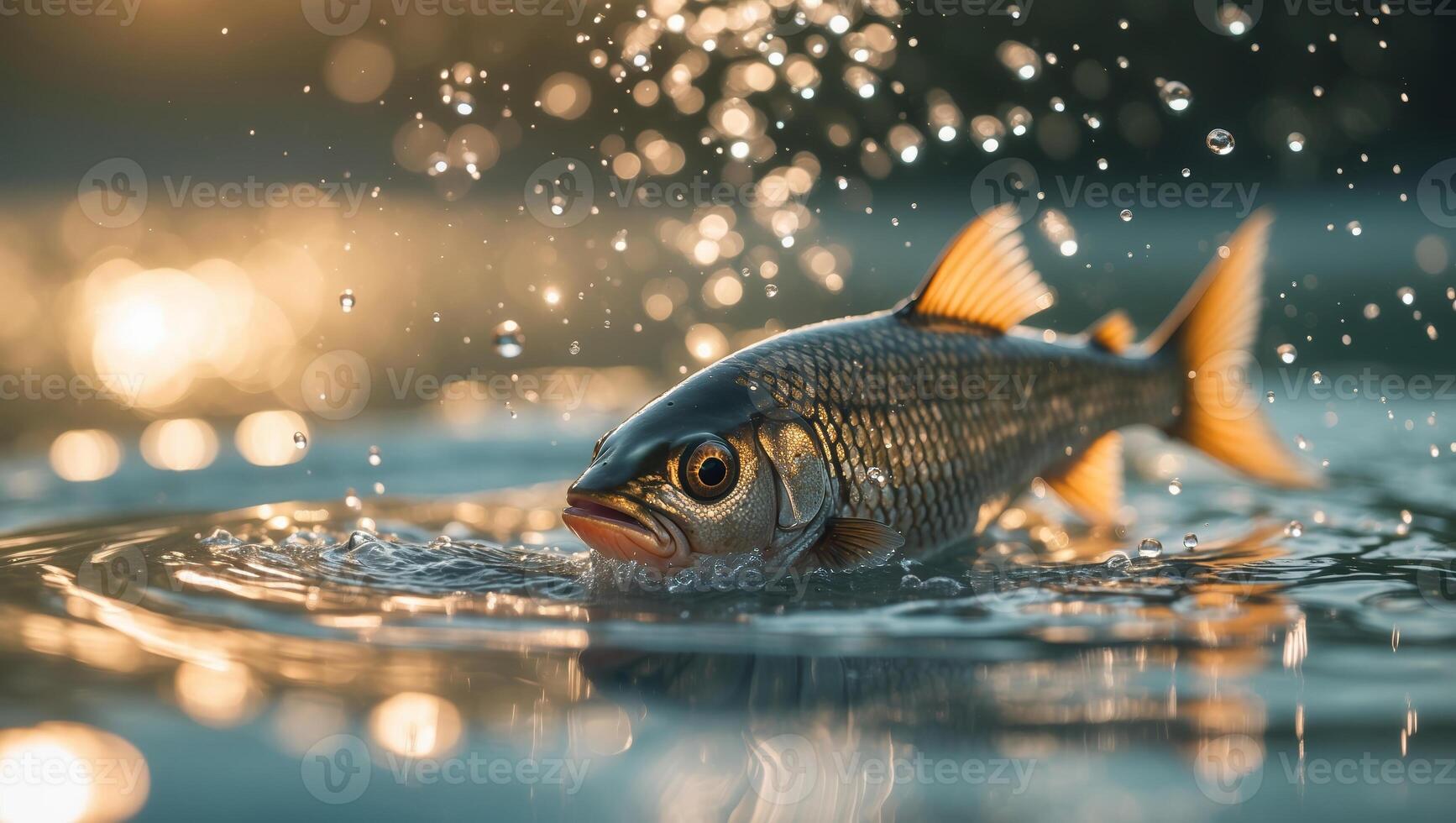 Fish leaps from the water at sunset, creating ripples and splashes in a serene aquatic environment photo