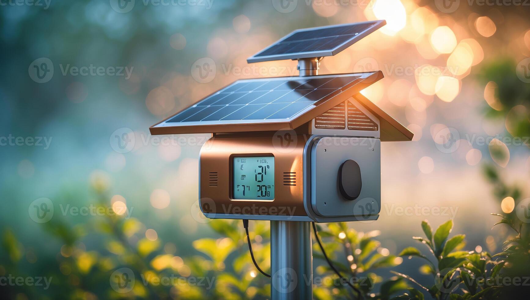 Solar-powered weather station amidst greenery captures morning light in a tranquil garden setting photo