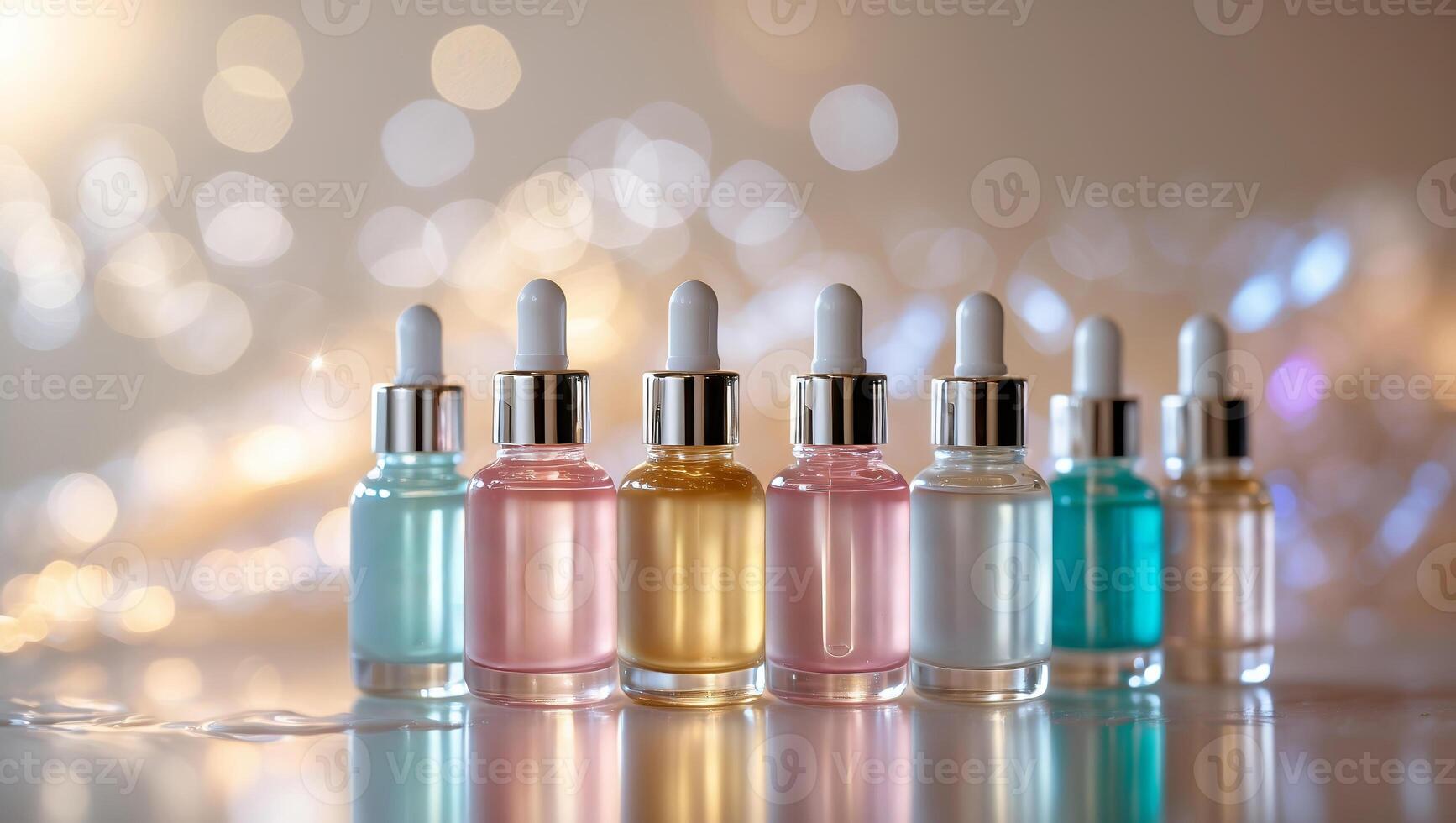 Colorful glass dropper bottles line up showcasing various skincare serums on a blurred sparkling background photo